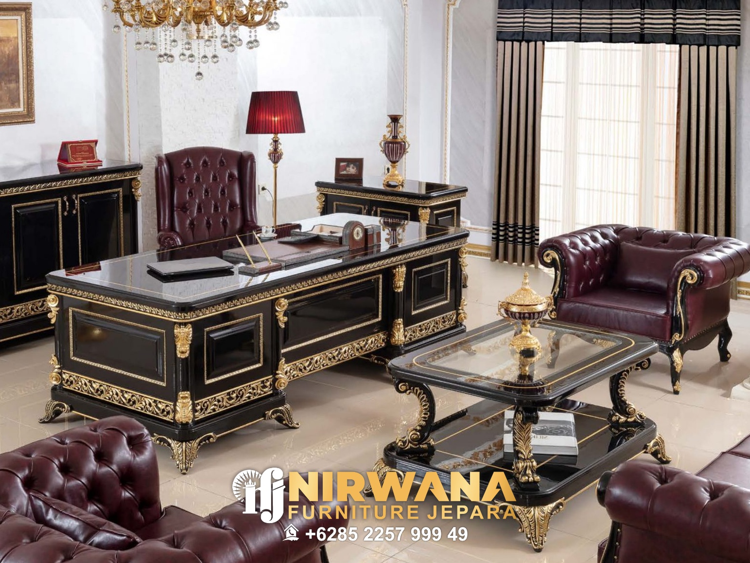 Luxurious Meja Kantor Terbaru Motif Ukiran Jati Jepara Mewah
